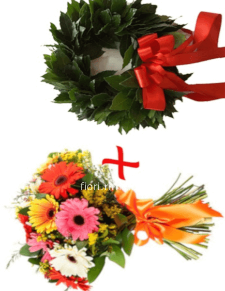 Corona di alloro laurea e bouquet di fiori misti