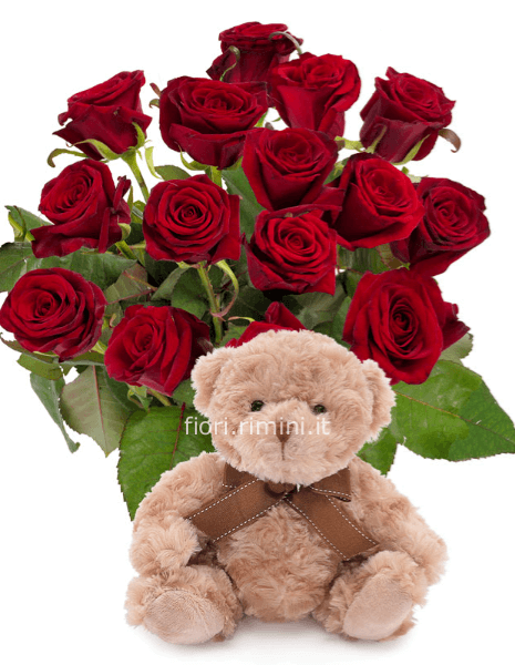 12 Rose rosse gambo lungo con orsacchiotto 