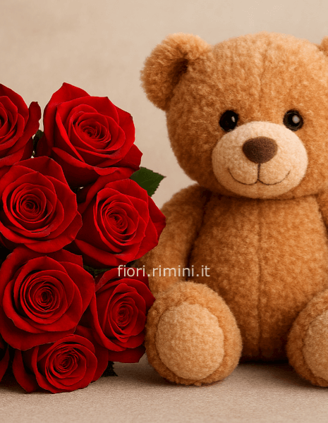 Rose rosse con orsacchiotto di peluche