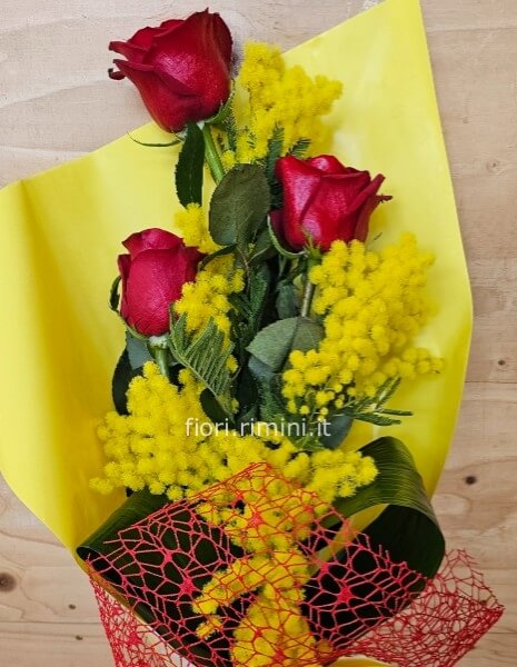 Rose rosse con mimosa